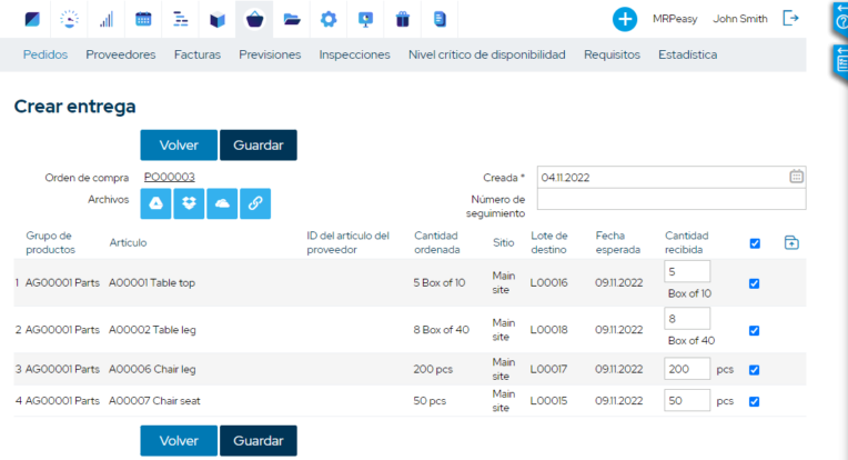 MRPeasy Warehouse management Create delivery Spanish